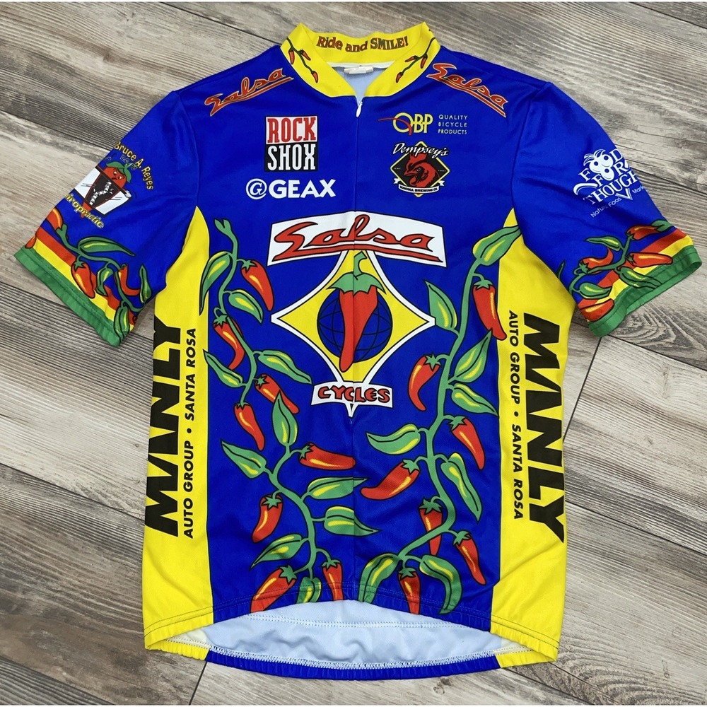 Salsa Campagnolo Aussie mens vintage Blue Yellow Pepper cycling‎ jersey size L